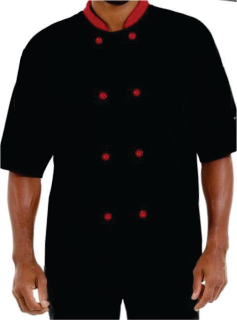 Chef Coat – Short Sleeve (Black with Red Tripping) – ECC-102