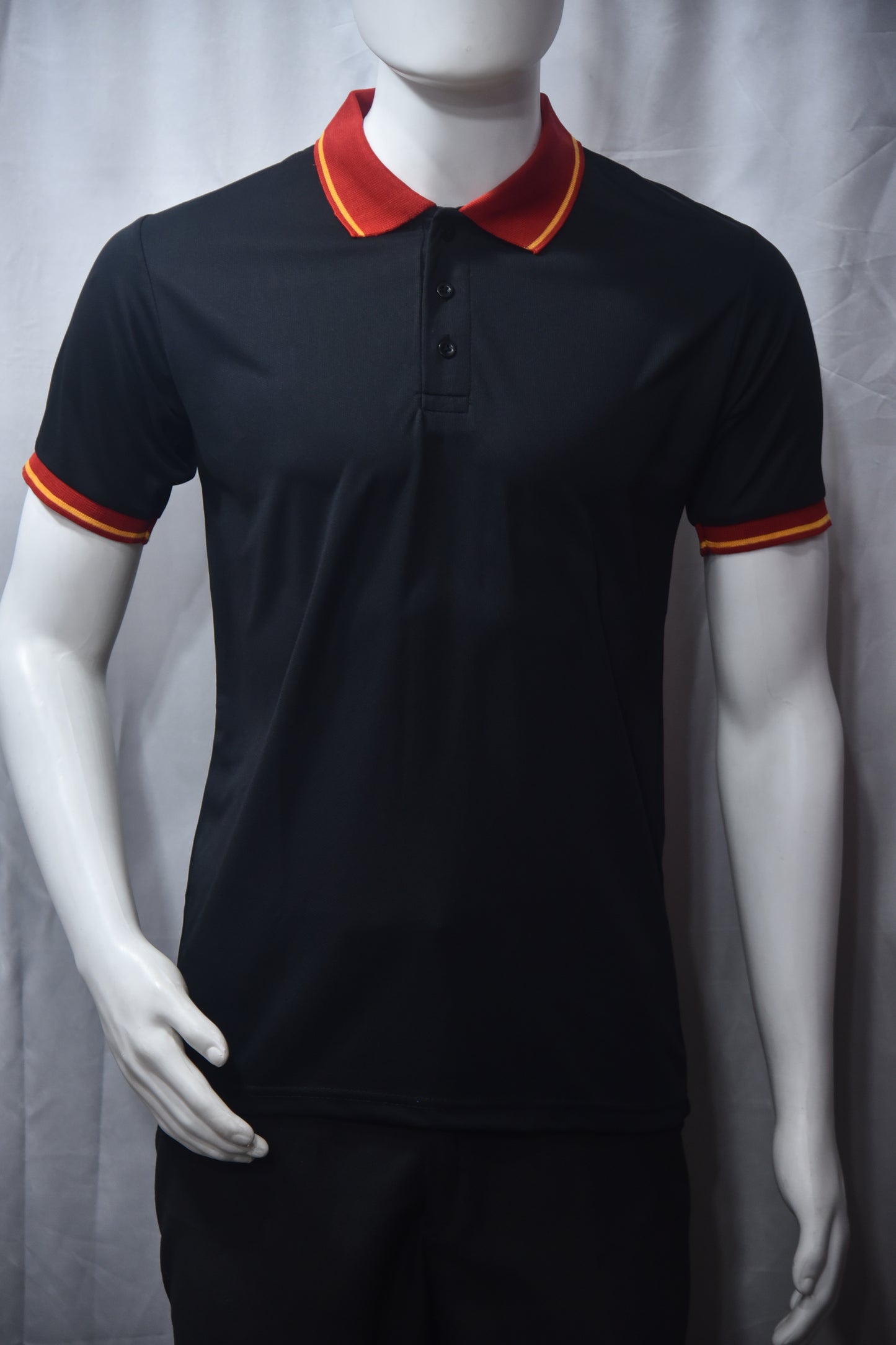Dry Fit Black T-Shirt with Contrast Red Collar & Sleeve Rib (Yellow Tipping) – 160 GSM Code TFT-02 Rs 125