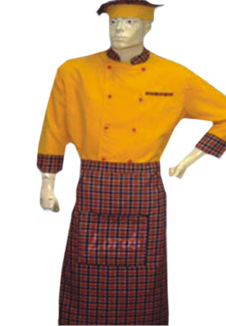 CHEF COAT WITH APRON & HEAD GEAR EXECUTIVE CHEF WEAR GOLD YELLOW WITH CHECK TRIMMINGS DOUBLE BREAST WITH MATCHING CHECK APRON & HEAD GEAR PRICE RS 475 PER PIECE MOQ 2