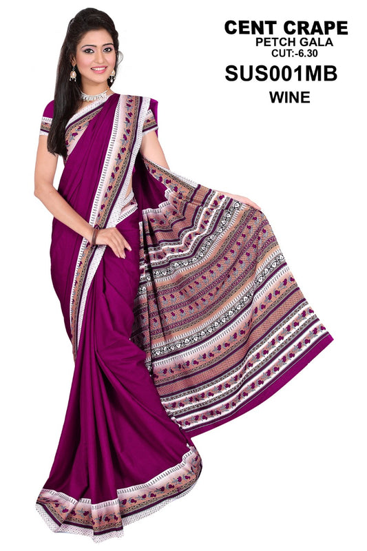 Saree Sari Premium Work Wear Cent Crape Patch Galla - SUS001MB-WINE