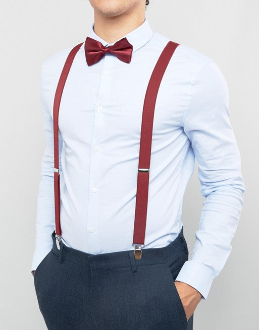 SUSPENDERS MAROON WITH MAROON BOW TIE . UNISEX FREE SIZE FITS ALL.