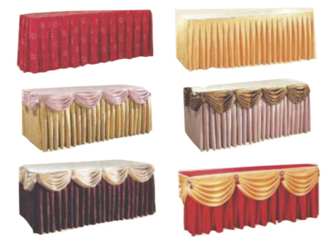 TABLE SKIRTING SIZE 13' X 30" HEAVY LYCRA FRILLS READY TO FIX ON BANQUET TABLE. EASY USE, EASY WASH. PRICE RS 695 INCLUDES GST & DOOR DELIVERY ANY WHERE IN INDIA.